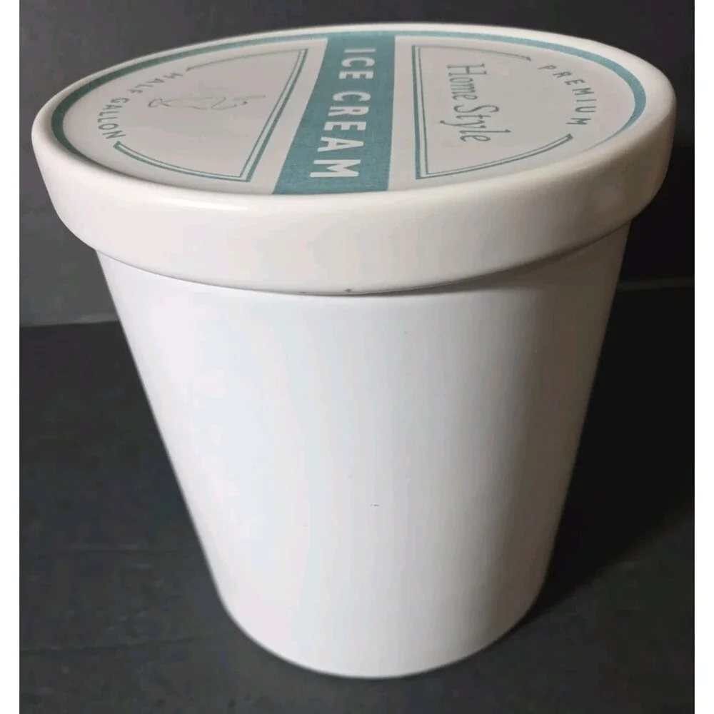 Vtg. William Sonoma Ice Cream White Crock w/ GREAT Blue Lid Graphics VERY NICE!!